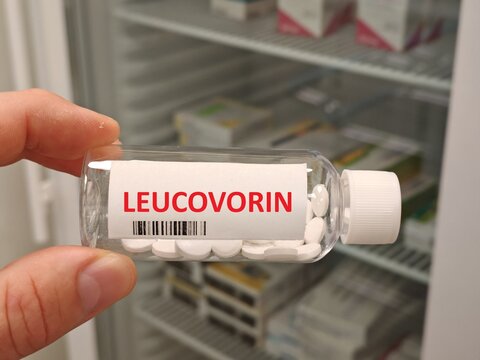 Box of LEUCOVORIN tablets on a hospital pharmacy table used to reduce methotrexate toxicity a folinic acid supplement

