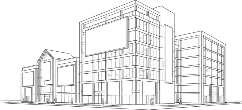 Modern commercial office complex 3D perspective elevation featuring glass facades, multiple advertising billboards, and mixed-use urban architecture.