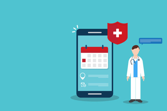 Telemedicine Doctor Appointment Mobile App Interface with Healthcare Protection Shield, Online Medical Consultation, Hospital Booking Calendar on Smartphone Illustration