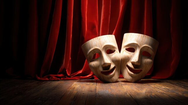 classic theater comedy and tragedy masks placed on wooden stage floor under warm spotlight, red velvet curtains in background, dramatic theatrical