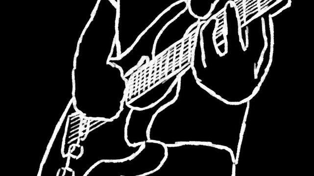 rotoscope animation of guitarist playing electric guitar. scribble sketch doodle chalk raw drawing line style. tilted low angle view