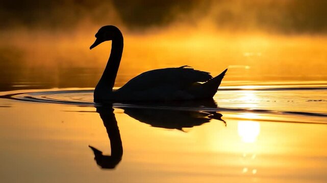 Silhouette of a swan floating on a calm lake, reflecting the golden sunrise