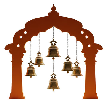 symmetrical, high-contrast saffron orange mandap arch silhouette (jali-work) with four suspended golden ghanta bells on a transparent background, concept for hindu festival design