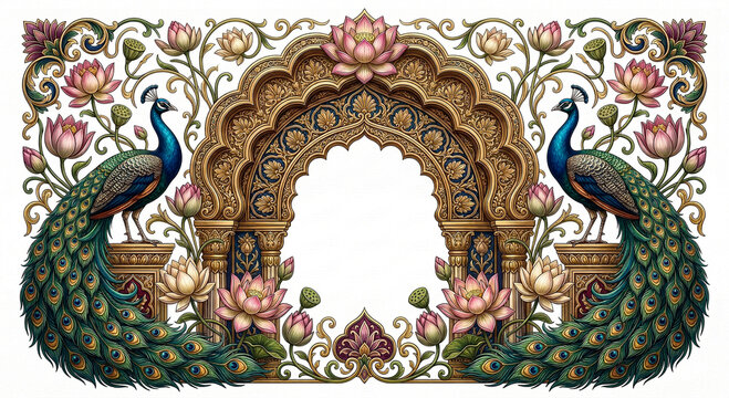 An ornate symmetrical floral archway featuring peacocks lotus flowers and intricate details on transparent background high-quality professional