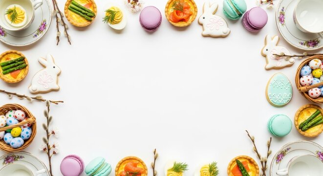 Easter Brunch Tabletop Colorful Food, Macarons, Flowers, and Decorations on White