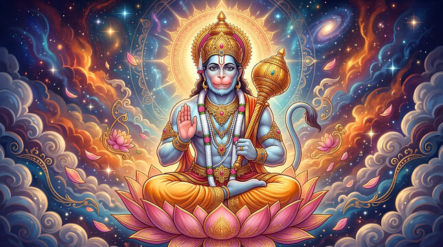 Radiant Festival Lord Hanuman with Expanding Golden Aura. Lord Hanuman Meditative Cosmic Lotus Illustration. 