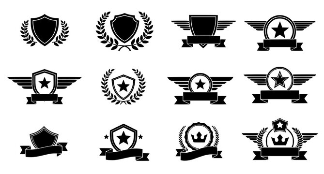 Minimal black and white insignia badge vector pack with shield laurel wings and ribbon