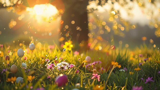 Slow motion close up of decorated easter eggs among wildflowers in sunlit meadow at golden hour