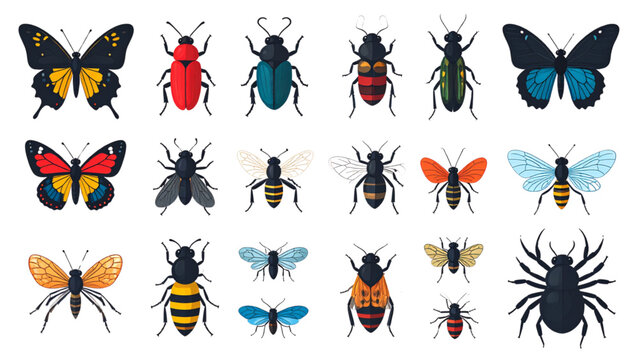  Entomology Icon Collection: A diverse set of colorful flat vector icons featuring various common insects, bugs, and invertebrates like butterflies, beetles, ants, dragonflies, bees, and spiders