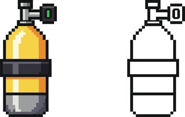 Fototapeta premium Pixel art illustration of a yellow and grey scuba diving tank with a regulator, next to its black and white outline version.