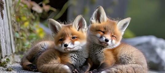 Fototapeta premium Two Adorable Red Fox Cubs Play Together at Sunrise, Snuggling Under Trees on a Warm Day