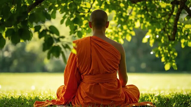 A Buddhist monk in orange robes meditates peacefully outdoors under the shade of a large tree in a serene garden setting