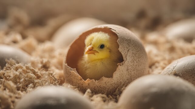 macro photography of a baby chick hatching from egg inside incubator, cracked shell with tiny yellow chick visible, warm soft light, farming
