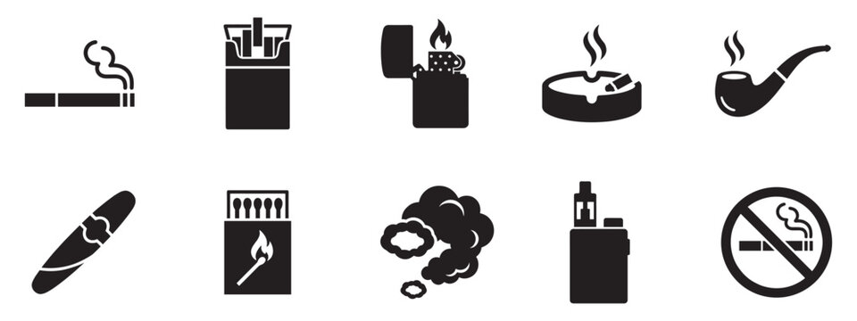 Smoking, vaping, and tobacco product icon set. Cigarette, cigar, lighter, ashtray, pipe, vape, matchbox, and smoke. Vector Illustration.