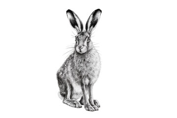 Detailed black and white hare drawing, realistic pencil sketch of a wild rabbit sitting, isolated animal artwork for nature projects PNG © Evans