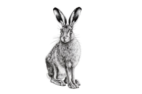 Detailed black and white hare drawing, realistic pencil sketch of a wild rabbit sitting, isolated animal artwork for nature projects PNG