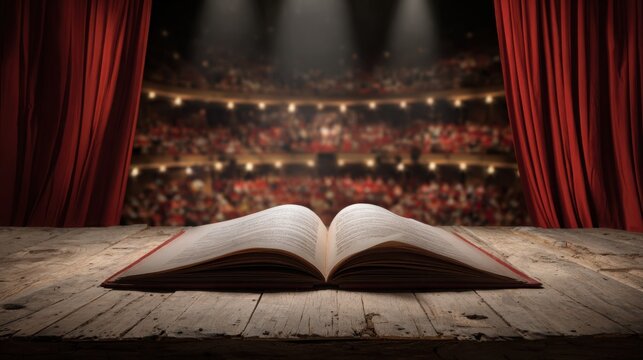 open theater script book on wooden stage floor under spotlight, blurred red curtains and empty seats in background, dramatic storytelling concept