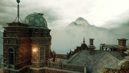 Stormlit tower turret overlooking misty valley, rainslick stone, small balcony with lantern glow, tense atmospheric sky, distant peaks, sentinel mood © icetray