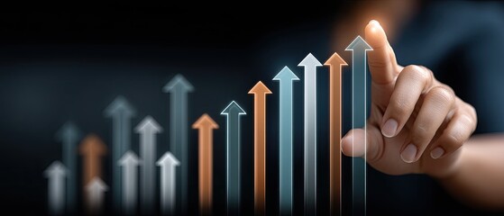 Obraz premium Businessman points at virtual screen displaying growth arrow while immersed in digital marketing and financial data