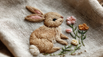 Easter bunny embroidery pattern on beige linen fabric with pastel thread colors and visible cross-stitch texture in cozy handmade aesthetic
