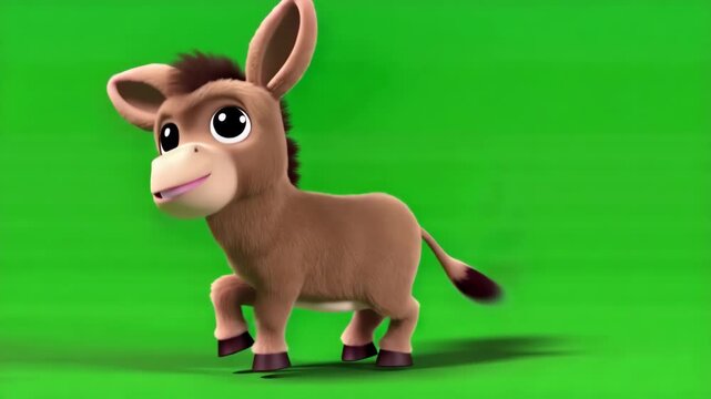 Adorable Animated Young Donkey Character With Large Eyes And Friendly Smile Against Vibrant Green Background
