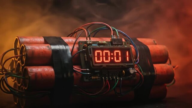 Time Bomb ticking down in smoke Danger with suspense Deadline pressure concept.