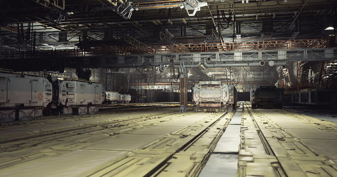 empty military deck interior bathed in low light with worn tracks, rusted bulkheads, distant fixtures and quiet echoing planes suggesting abandoned naval