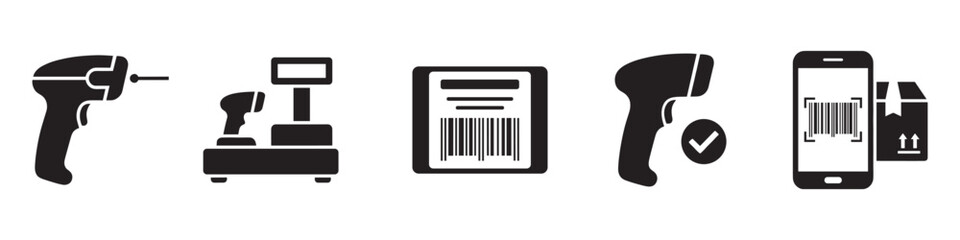 Barcode scanner and retail logistics icons - handheld scanner, checkout, mobile scanning and delivery. Vector Illustration. © Roberto_Caravelli
