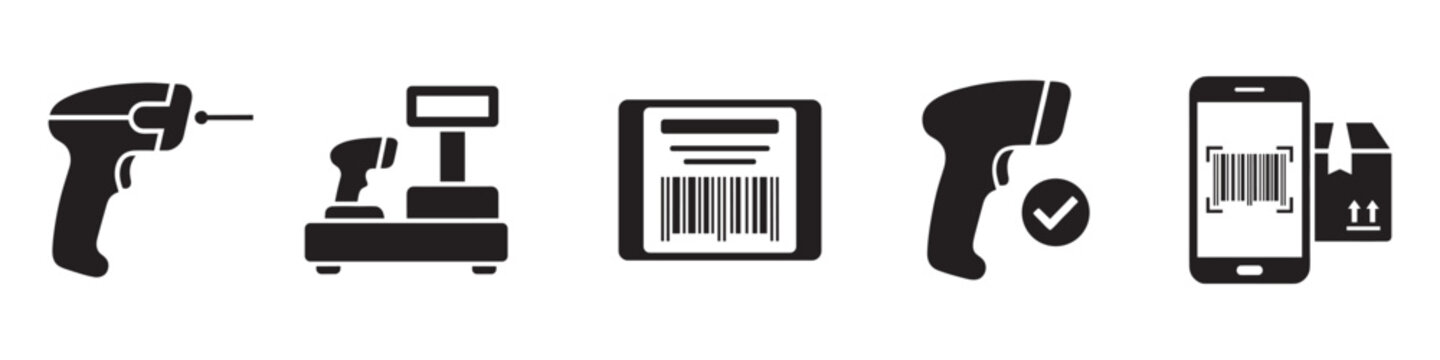Barcode scanner and retail logistics icons - handheld scanner, checkout, mobile scanning and delivery. Vector Illustration.