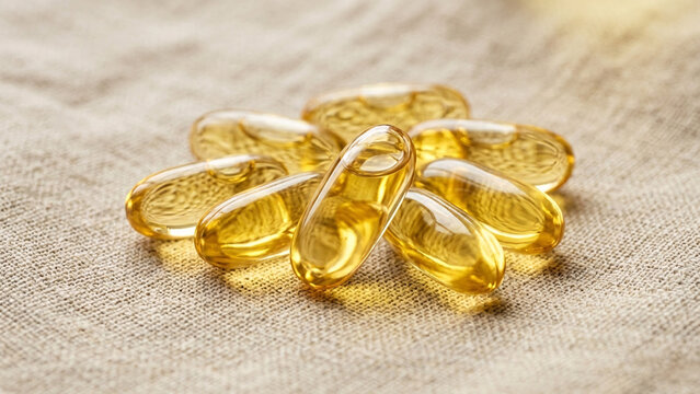 Scattered golden gel capsule pills macro background.