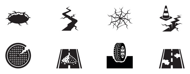 Road damage and infrastructure problem icons - pothole, crack, manhole and street repair symbols. Vector Illustration. © Roberto_Caravelli
