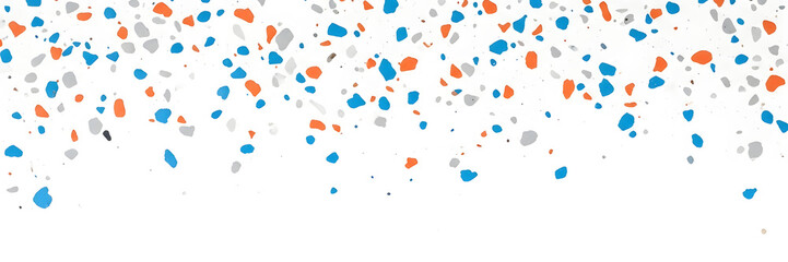 Colorful blue, orange, and gray confetti sprinkles on white background