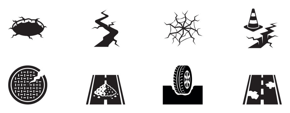 Road damage and infrastructure problem icons - pothole, crack, manhole and street repair symbols. Vector Illustration.