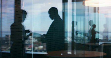 Silhouette, b2b and reflection with business people in office for planning, meeting or realtor...