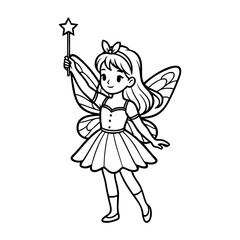 Dibujo sencillo con líneas de una niña de pie vestida con un disfraz de hada con alas y varita mágica  © teracreonte