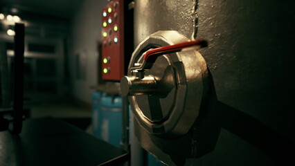 A metallic valve stands out against the dark background of an industrial space. Dim lights glow in the distance, adding to the mysterious atmosphere. The scene captures a sense of intrigue. © icetray