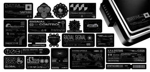 Fototapeta na wymiar Futuristic tech label sticker pack collection. Cyberpunk UI interface elements, digital system modules, data control panels and industrial barcode graphics. Vector set
