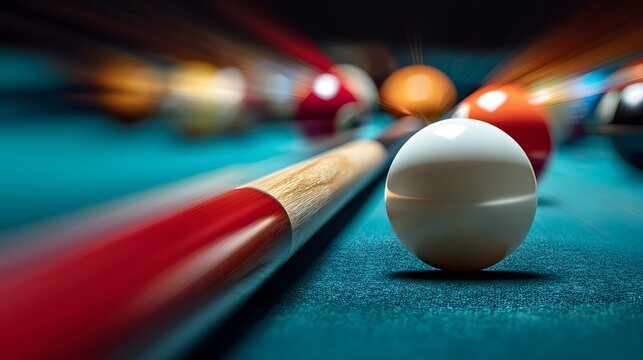 White cue ball rests on vibrant green pool table