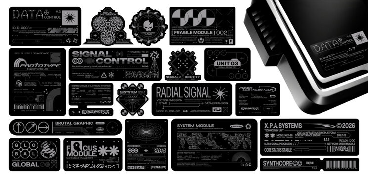 Futuristic tech label sticker pack collection. Cyberpunk UI interface elements, digital system modules, data control panels and industrial barcode graphics. Vector set