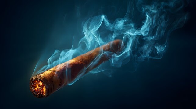 Cigar emits glowing smoke against deep blue backdrop