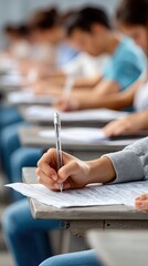 Students are focused on writing notes in a notebook on a table while the teacher gives instructions to the class from the front