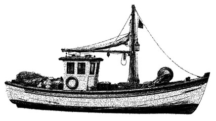 Obraz premium Black and white traditional fishing boat illustration isolated with clipping path.