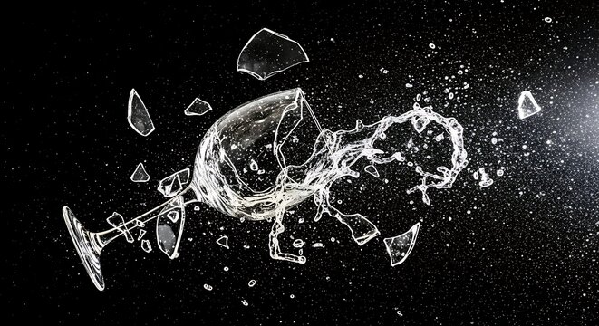 Exploding wine glass captured mid air with flying glass fragments, high speed photography style on black background, dramatic dynamic motion freeze with sharp crystal detail.