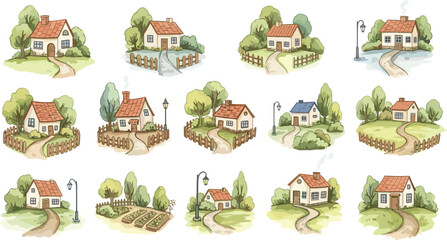Obraz premium Countryside Cottage and Village House Illustration Set with Garden Paths Fences Trees Rural Landscape Homes and Cozy Country Living Vector Collection