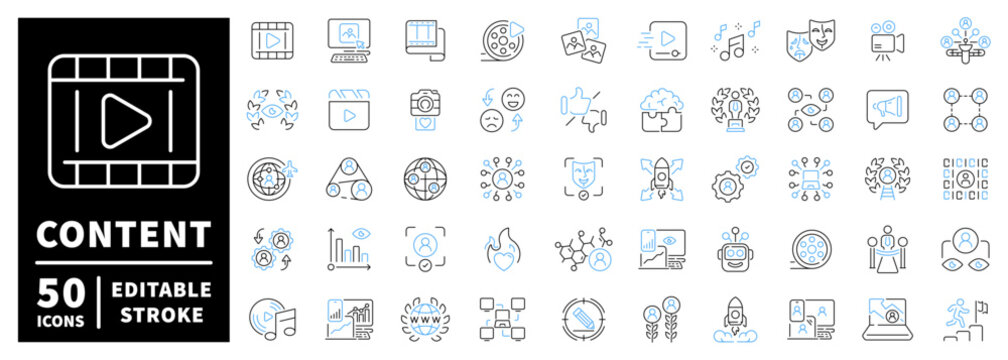 Content creation icons set. editable line icons, flat style, multimedia, digital tools