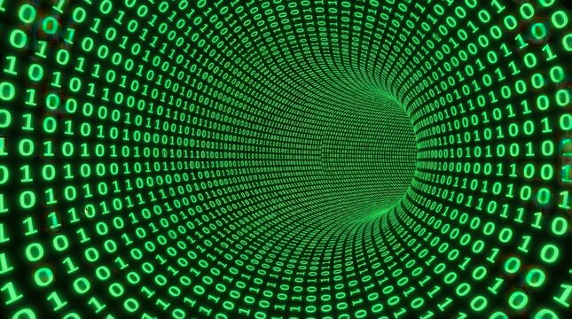 Abstract binary code digital tunnel background with green zeros and ones data flow