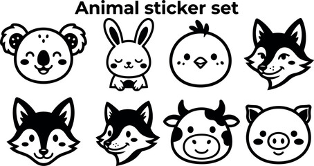 Obraz premium Black and white vector animal sticker set featuring smiling koala rabbit chick fox cow and pig heads simple cartoon style