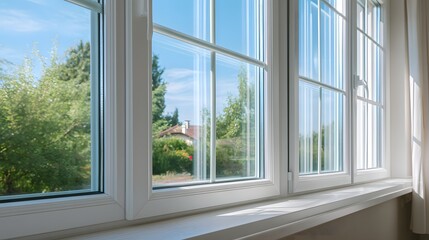 Fototapeta premium Sunlit window frames show crisp white trim