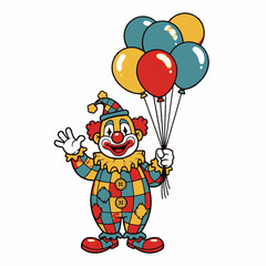 Naklejka premium Happy Clown Holding a Bunch of Colorful Balloons.