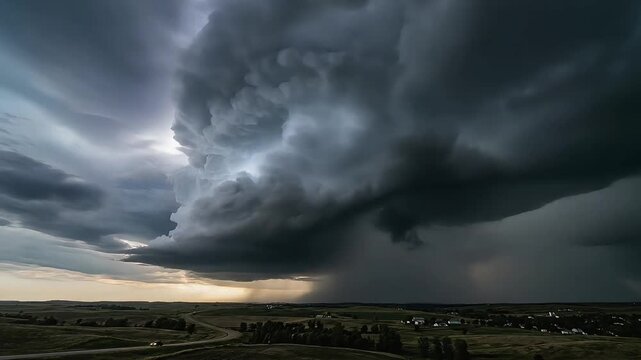 A dramatic view of a massive, dark supercell storm cloud gathering over a rural countryside landscape, with heavy rain falling in the distance under a moody, ominous sky.